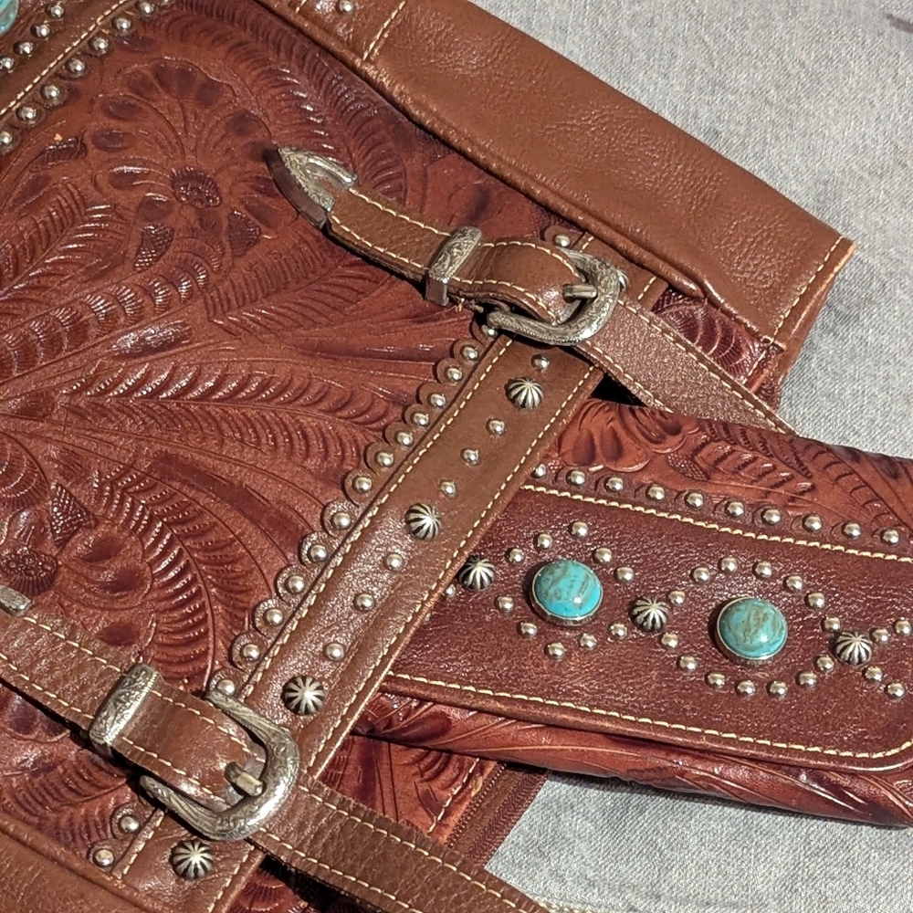 American West Brown Leather Shoulder Bag with Turquoise Accents - Picture 2 of 14